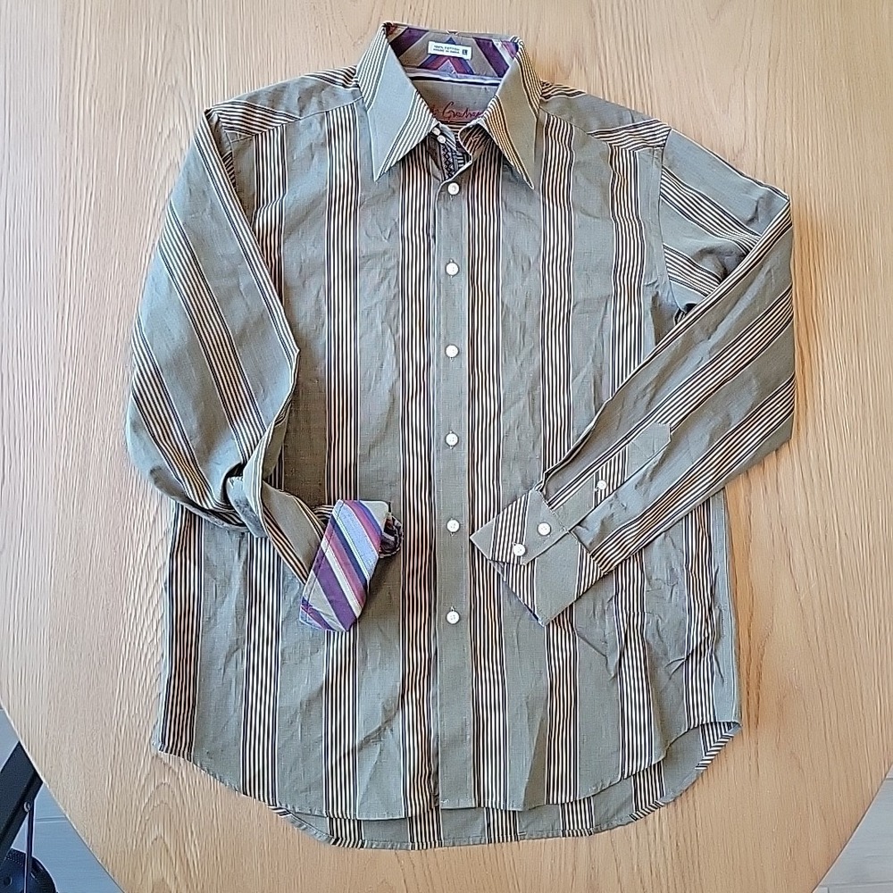 Robert Graham Button Up Shirt Men's Large Flip Cuff Geometric Brown Striped
